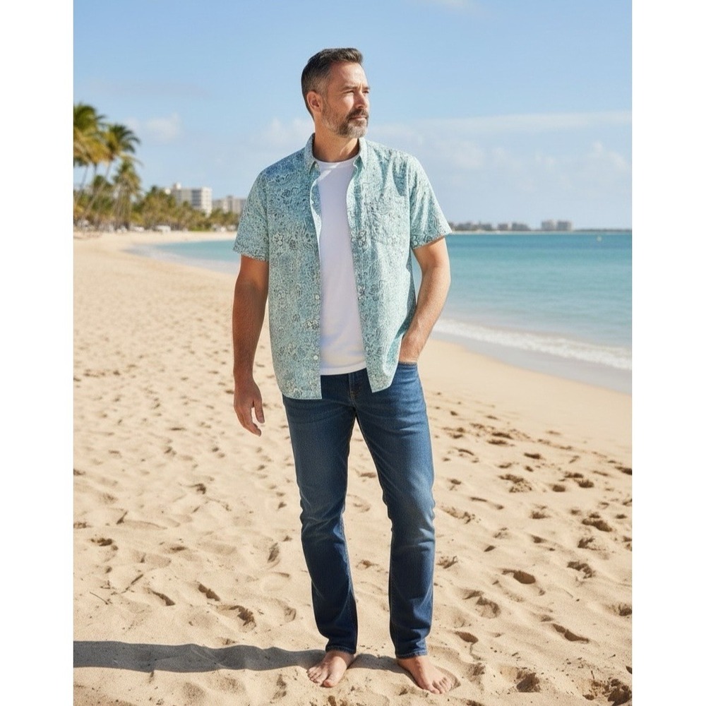 NEW O'Neill Mens Tropical Print Button Up Top Blue & Gray Size XL Vacation NWT